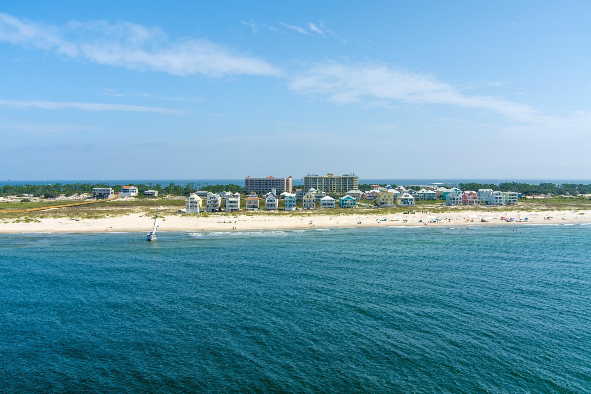 Aerial view from the Gulf of vacation homes in Fort Morgan beach, AL
